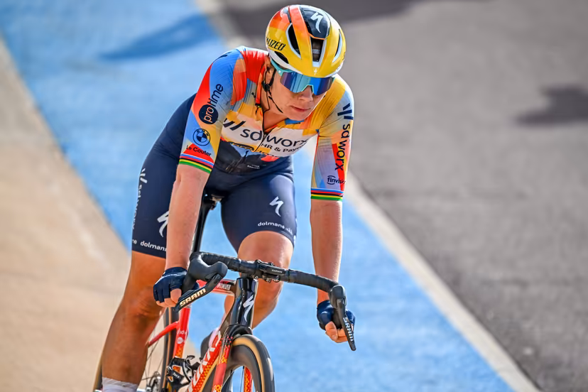 Belgian Lotte Kopecky crosses the finish line at the women's Paris-Roubaix cycling race, Sunday 12 April 2026, around Roubaix, France. The 123rd edition of Paris-Roubaix cycling races will take on Sunday, with the women riding 143,1 km the men riding 258,3 km on Sunday. BELGA PHOTO JASPER JACOBS