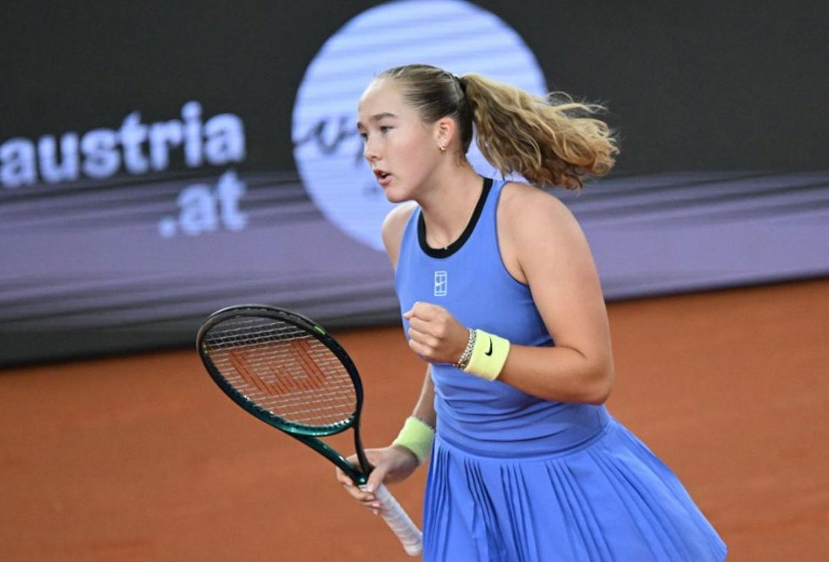 Mirra Andreeva reacts as she plays against Austria's Anastasia Potapova (not pictured) during their women's single final match of the WTA Upper Austria Women's Linz tennis tournament in Linz, Austria on April 12, 2026. BARBARA GINDL / APA / AFP