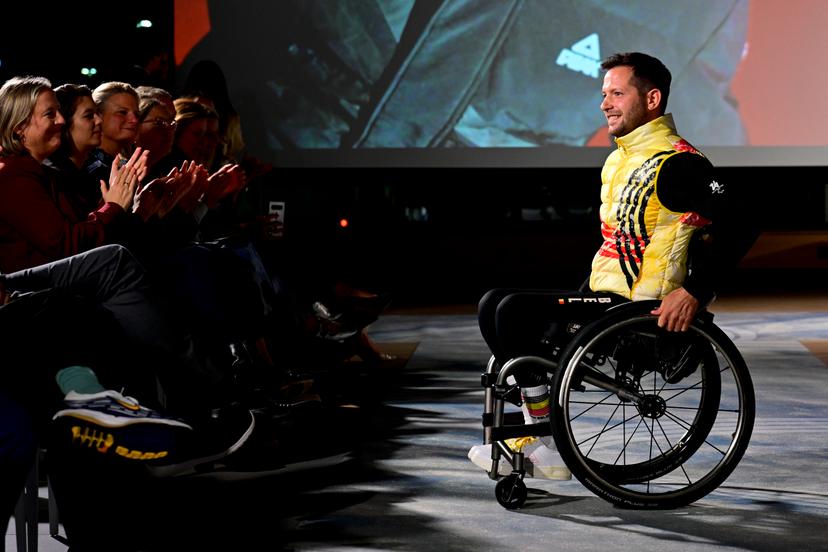 Athletes pictured on the catwalk during the presentation of the official Belgian outfit of 'Team Belgium' for the Milano Cortina 2026 Olympic and Paralympic Games, at the gala event 'Styled to the Winter Games' of the BOIC-COIB Belgian olympic committee, Thursday 16 October 2025, in Zaventem. BELGA PHOTO DIRK WAEM