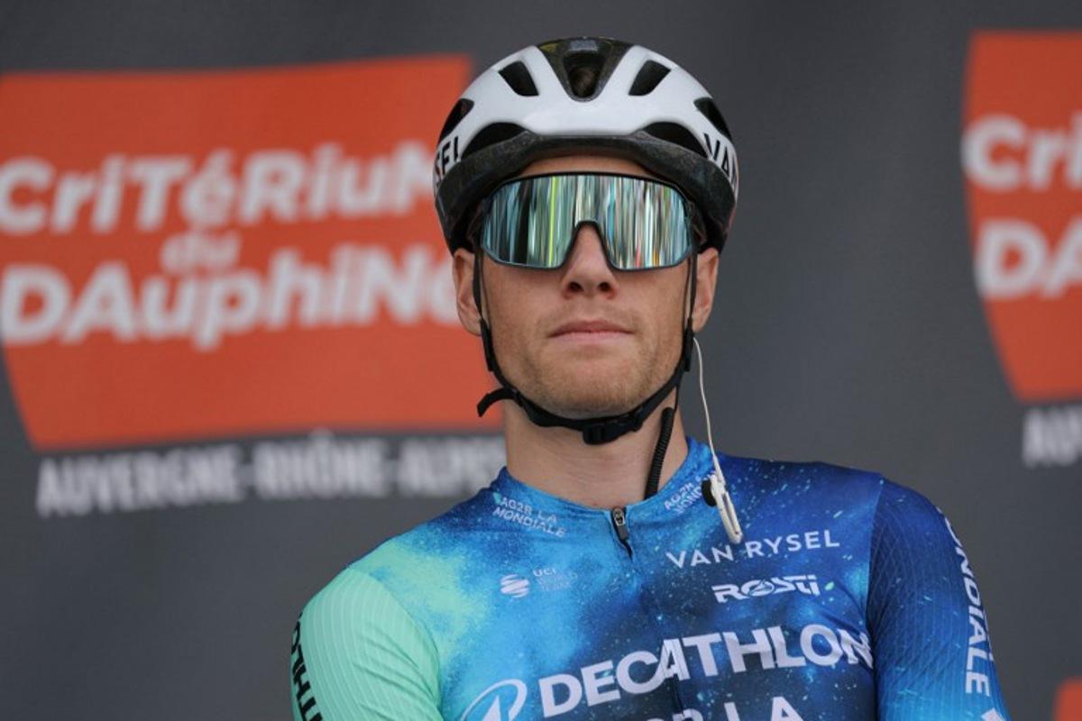 Team AG2R's Irish rider Sam Bennett is presented on stage before starting the third stage of the 76th edition of the Criterium du Dauphine cycling race, 181,7km between Celles-sur-Durolle and Les Estables, central France, on June 4, 2024. Thomas SAMSON / AFP