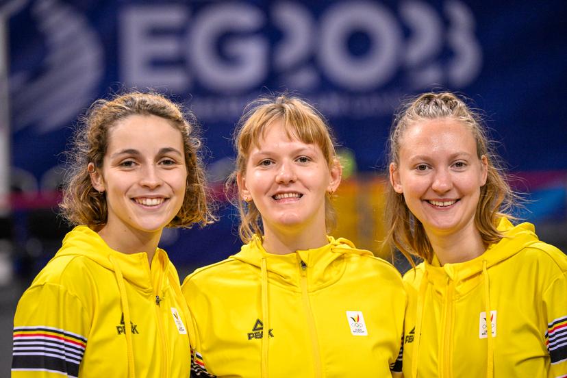 Fencing Athlete Aube Vandingenen, Fencing Athlete Anne Bultynck and Fencing Athlete Solane Beken pose for the photographer during the fencing event of the European Games in Krakow, Poland on Tuesday 27 June 2023. The 3rd European Games, informally known as Krakow-Malopolska 2023, is a scheduled international sporting event that will be held from 21 June to 02 July 2023 in Krakow and Malopolska, Poland. BELGA PHOTO LAURIE DIEFFEMBACQ