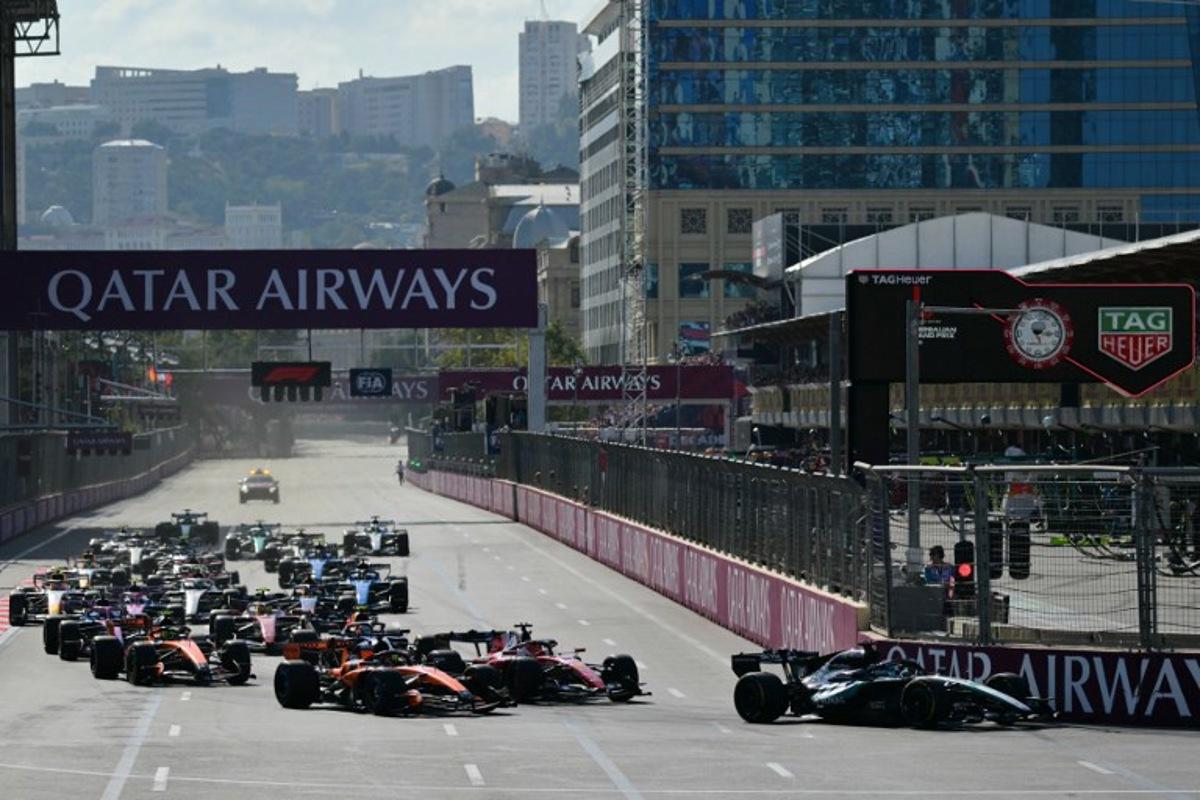Mercedes' British driver George Russell leads at the start of the Formula One Azerbaijan Grand Prix at the Baku City Circuit in Baku on September 26, 2026. Andrej ISAKOVIC / AFP