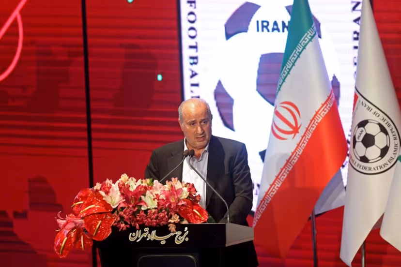 President of the Iranian Football Federation Mehdi Taj speaks during a ceremony in which the new jersey to be used by the Iranian national football team in the upcoming FIFA 2022 Qatar World Cup is unveiled, at Milad Tower in Tehran, on November 8, 2022. ATTA KENARE / AFP