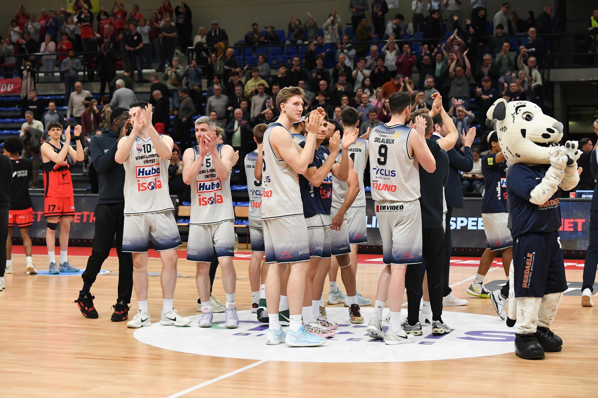 Limburg's players celebrate after winning a basketball match between Limburg United and Spirou Charleroi, Wednesday 12 March 2025 in Hasselt, on day 25 of the 'BNXT League' first division basket championship. BELGA PHOTO JILL DELSAUX