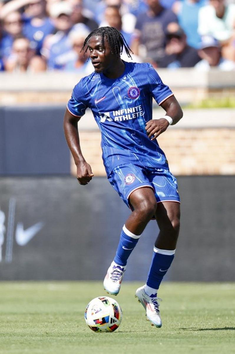 Chelsea's midfielder #45 Romeo Lavia controls the ball during the pre-season club friendly football match between Chelsea FC and Celtic FC at Notre Dame Stadium in South Bend, Indiana, on July 27, 2024. KAMIL KRZACZYNSKI / AFP