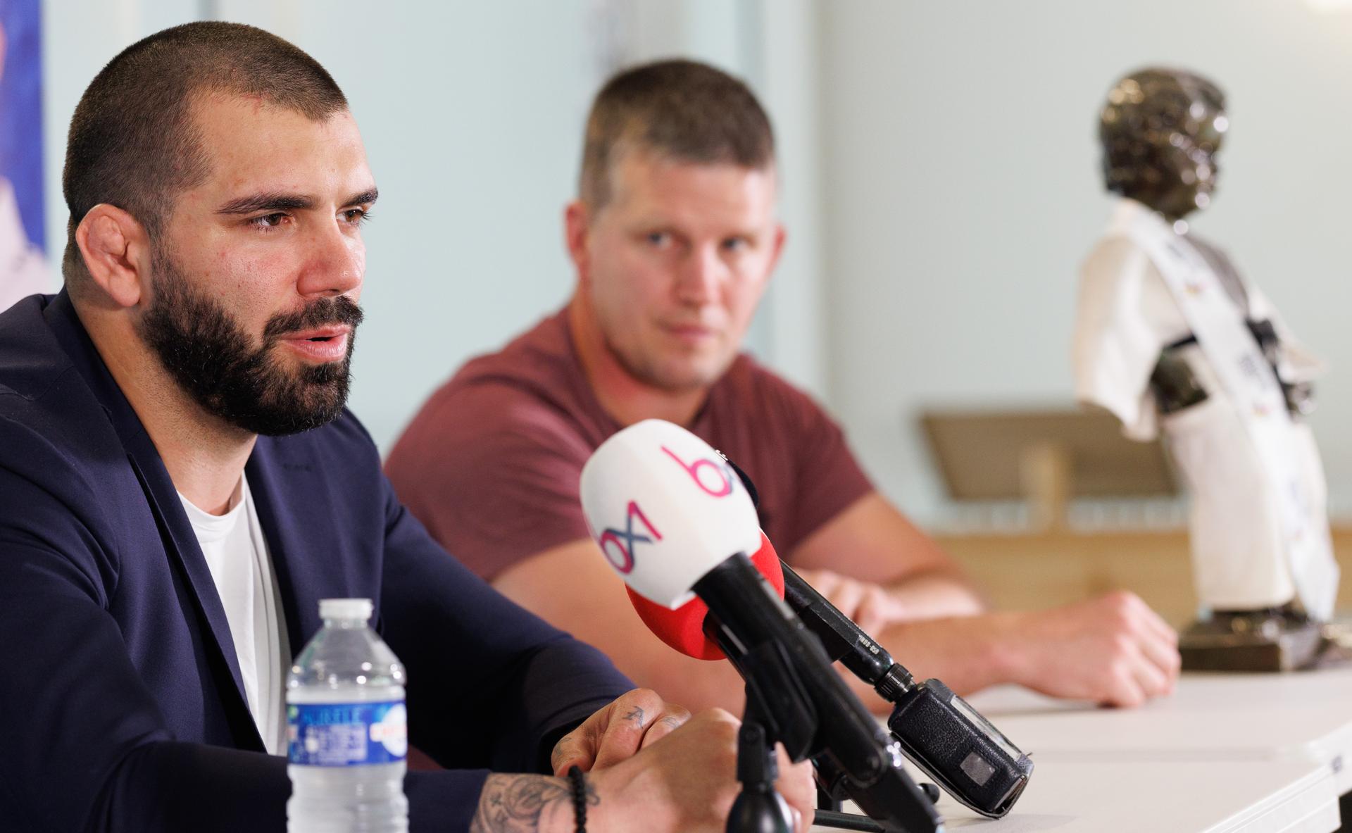 Belgian judoka Toma Nikiforov and judoka's coach Dirk Van Tichelt pictured during a press conference regarding his future in judo, in Brussels, on Thursday 19 June 2025. BELGA PHOTO BENOIT DOPPAGNE