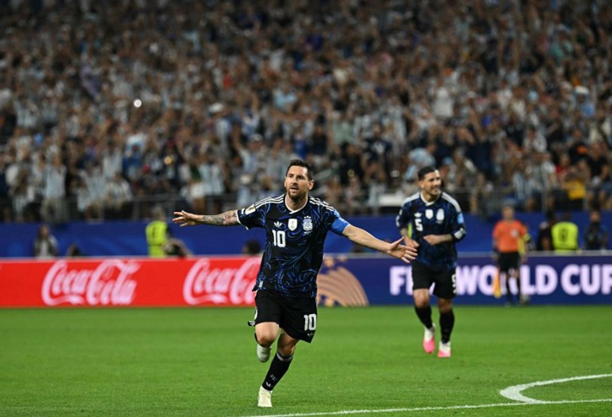 Argentina's forward #10 Lionel Messi celebrates scoring his team's third goal during the 2026 World Cup Group J football match between Jordan and Argentina at the Dallas Stadium in Arlington on June 27, 2026. Paul ELLIS / AFP