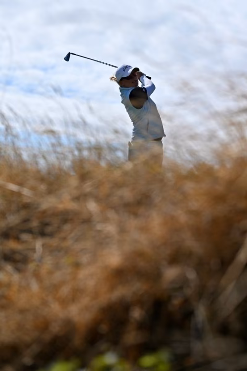 Belgium's Manon De Roey watches a drive from the 4th tee on the first day of the 2026 Women's British Open Golf Championships at Royal Lytham & St. Annes Golf Club, north-west England, on July 30, 2026. Glyn KIRK / AFP