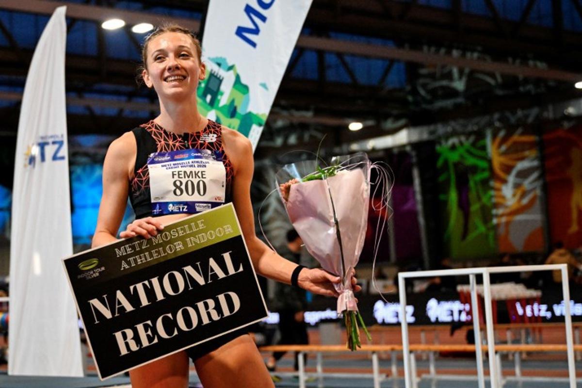 Netherlands' athlete Femke Bol celebrates after winning the women's 800m final during the Athlelor indoor meeting at L'Anneau athletics hall in Metz on February 8, 2026. On October 10, 2025, Femke Bol announced her retirement from the 400-meter hurdles, the event in which she is a two-time world champion. The 25-year-old athlete then announced her intention to focus on the 800 meters. Jean-Christophe VERHAEGEN / AFP