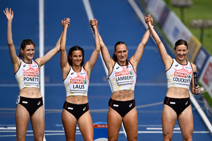 Belgian Helena Ponette; Belgian Camille Laus; Belgian Kylie Lambert and Belgian Paulien Couckuyt pictured during the women's 4x400m relay on the fifth day of the European Athletics Championships (August 10-18) in Birmingham, United Kingdom, on Friday 14 August 2026. BELGA PHOTO ERIC LALMAND