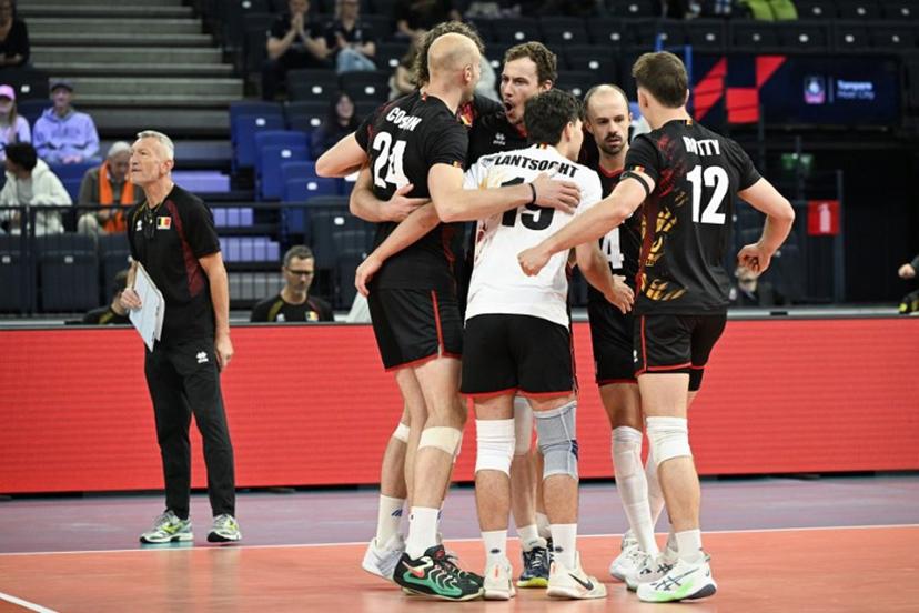 Team Belgium celebrates during the men's volleyball European Championships Pool C match Netherlands vs Belgium in Tampere, Finland, on September 11, 2026. Emmi Korhonen / Lehtikuva / AFP