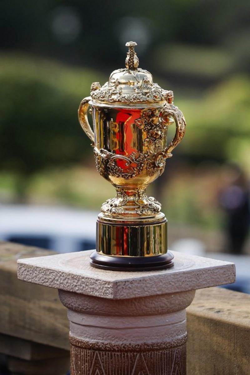 A general view of the Web Ellis Cup during a welcome ceremony at the Union Buildings in Pretoria on November 2, 2023, after South Africa won the France 2023 Rugby World Cup final match against New Zealand. PHILL MAGAKOE / AFP