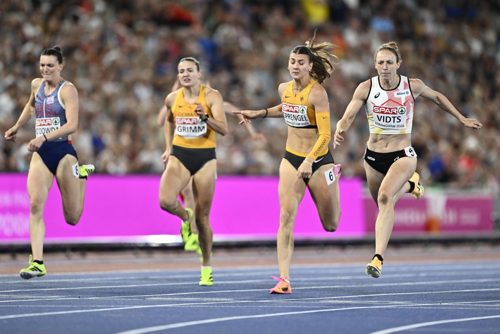 Belgian Noor Vidts pictured in action during the 200m race of the women's heptathlon competition, on the fifth day of the European Athletics Championships (August 10-18) in Birmingham, United Kingdom, on Friday 14 August 2026. BELGA PHOTO ERIC LALMAND