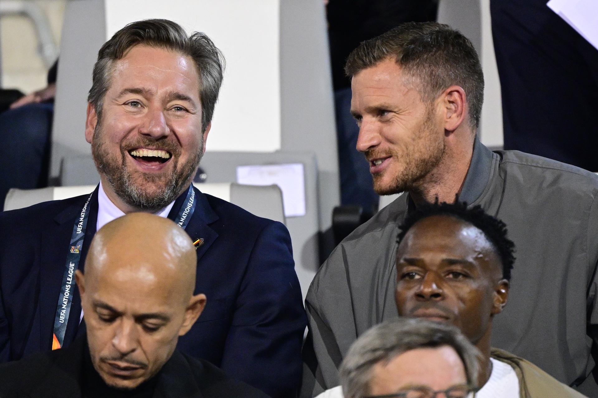 RBFA sports director Vincent Mannaert and former Red Devil Jan Vertonghen pictured during a soccer game between Belgian national team Red Devils and France, on Monday 28 September 2026 in Brussels, the second game of the UEFA Nations League group stage. BELGA PHOTO DIRK WAEM