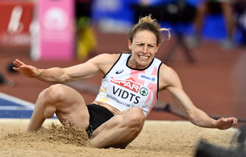 Belgian athlete Vidts Noor pictured in action during the long jump event of the women's heptathlon competition, at the European Athletics Championships (August 10-18) in Birmingham, United Kingdom, on Saturday 15 August 2026. BELGA PHOTO ERIC LALMAND