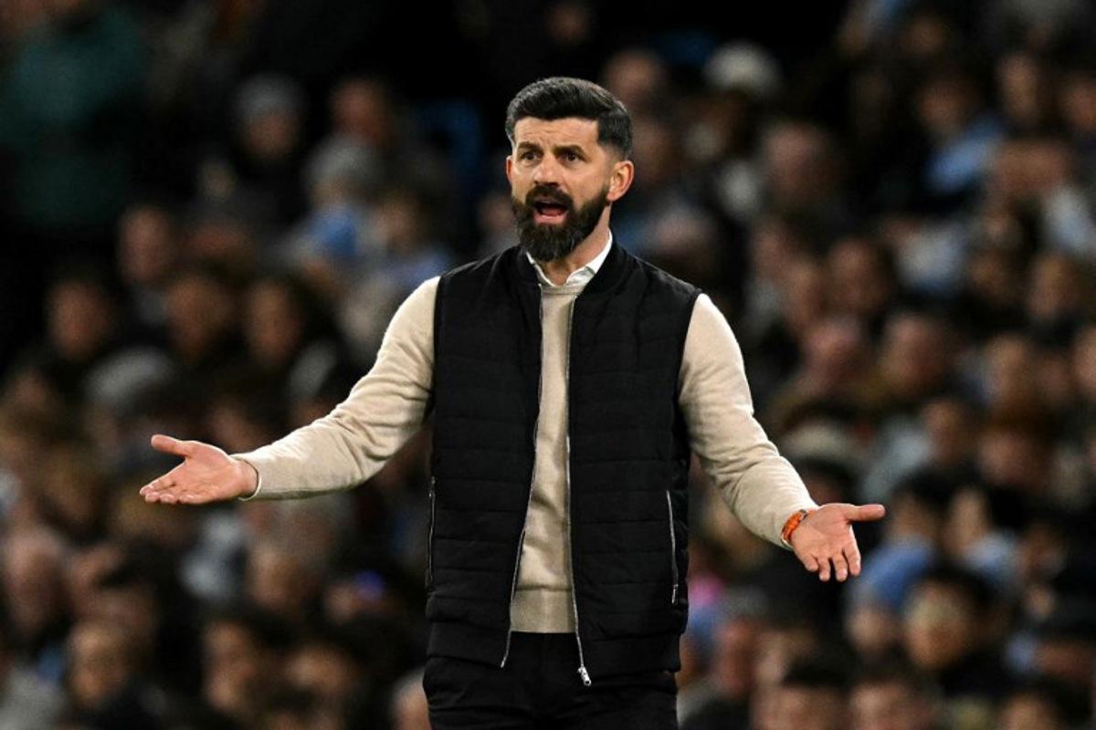 Plymouth's Bosnian-born Austrian head coach Miron Muslic reacts during the English FA Cup fifth round football match between Manchester City and Plymouth Argyle at the Etihad Stadium in Manchester, north west England, on March 1, 2025. Oli SCARFF / AFP