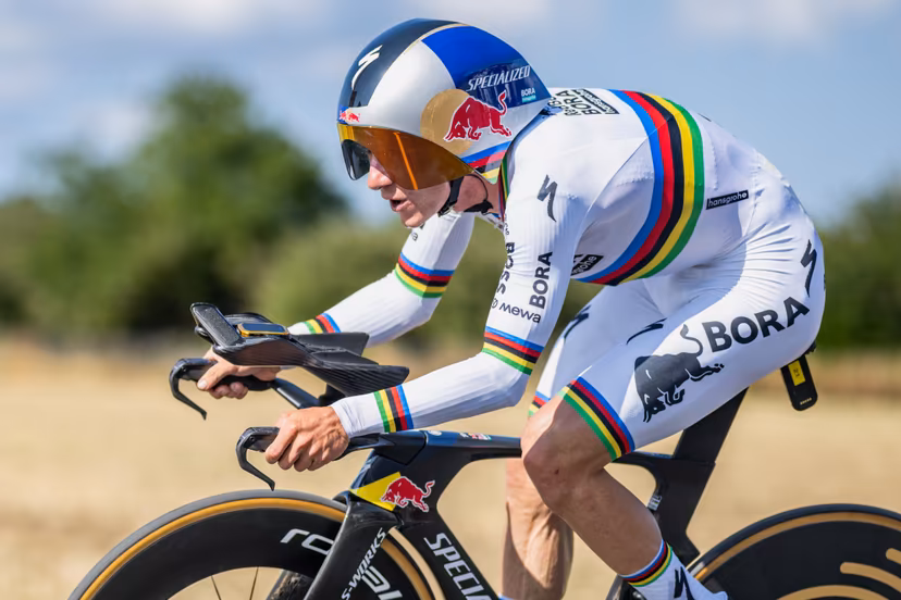 Belgian Remco Evenepoel of Red Bull-BORA-hansgrohe pictured in action during the stage 16 of the 2026 Tour de France cycling race, an individual Time Trial stage of 26km from Evian-les-Bains to Thonon-les-Bains, on Tuesday 21 July 2026. The 113th edition of the Tour de France starts on Saturday 4 July in Barcelona, Spain, and will finish in Paris, France on the 26th of July. BELGA PHOTO DAVID PINTENS