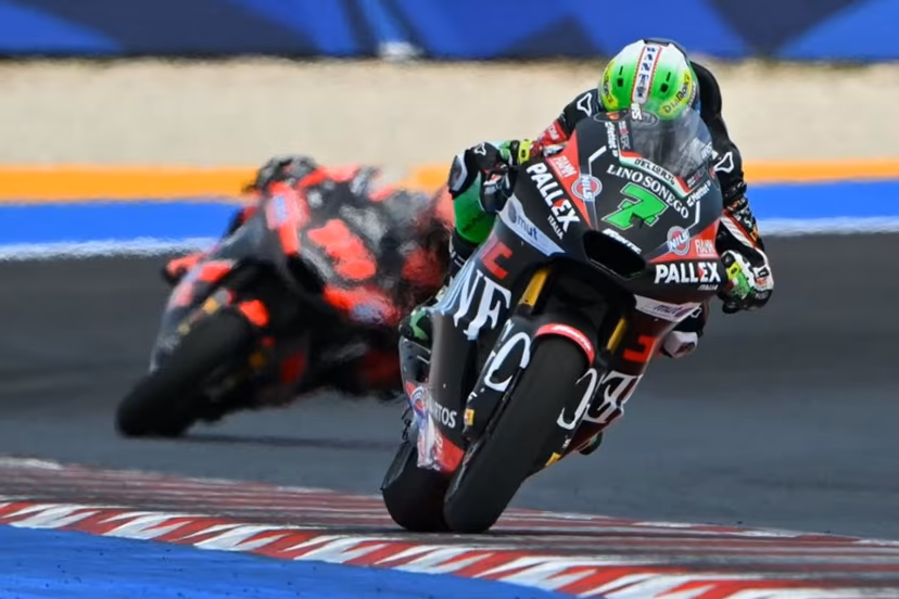 Fantic Racing Lino Sonego team's Belgian Moto2 rider Barry Baltus (R) competes during the Moto2 race as part of the San Marino Moto GP at the Misano World Circuit Marco Simoncelli, in Misano Adriatico, northern Italy, on September 14, 2025. Andreas SOLARO / AFP