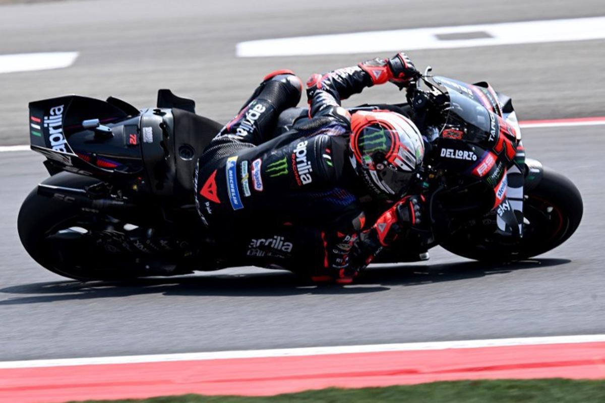 Aprilia Racing rider Marco Bezzecchi of Italy during the qualifying session ahead of the MotoGP Indonesian Grand Prix at the Mandalika International Circuit in Mandalika on October 10, 2026. SONNY TUMBELAKA / AFP