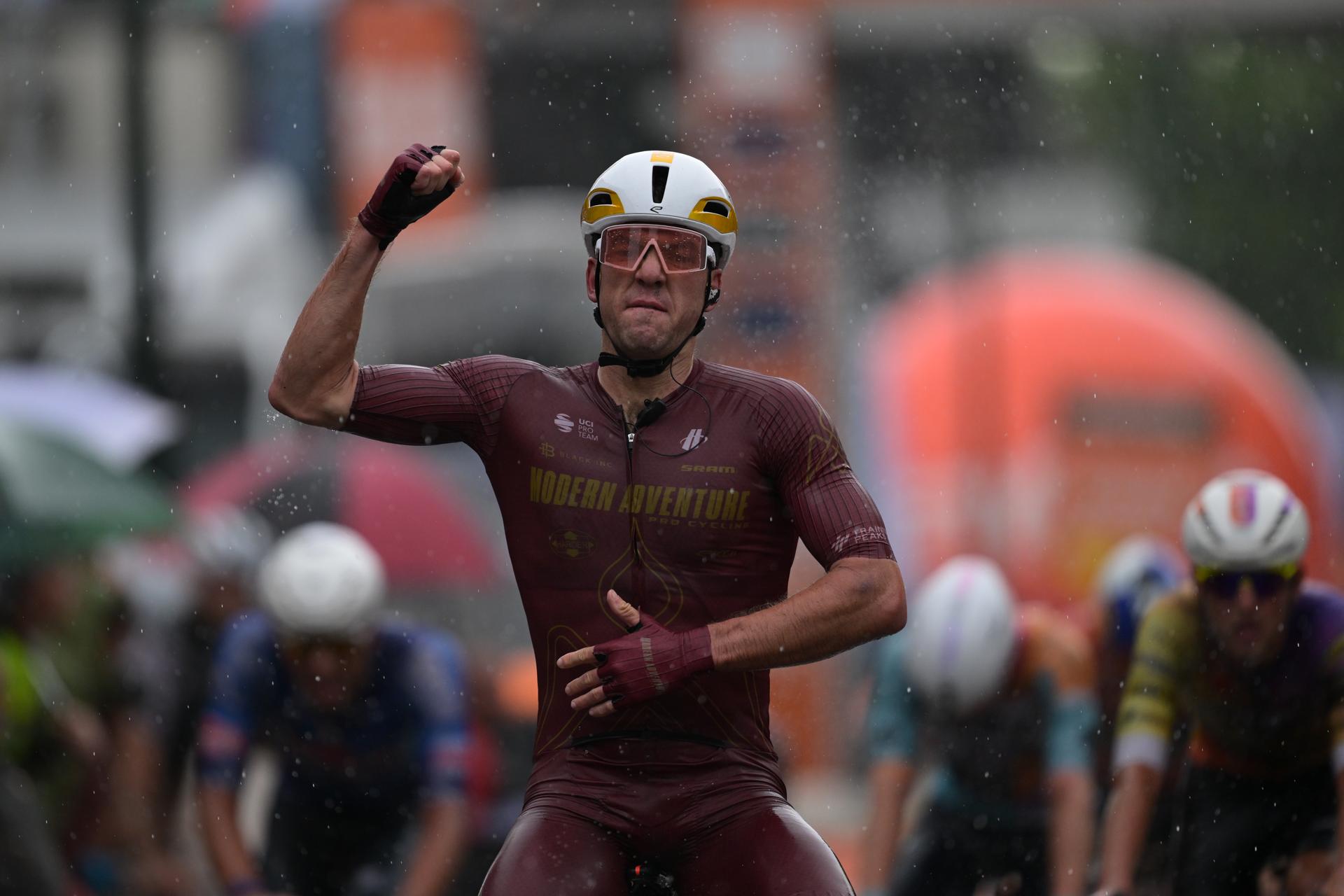 New Zealander Ben Oliver of Modern Adventure Pro Cycling celebrates as he wins the second stage of the Tour De Wallonie cycling race, 192 km from Jodoigne to Libramont-Chevigny, on Tuesday 02 June 2026. BELGA PHOTO DAVID PINTENS