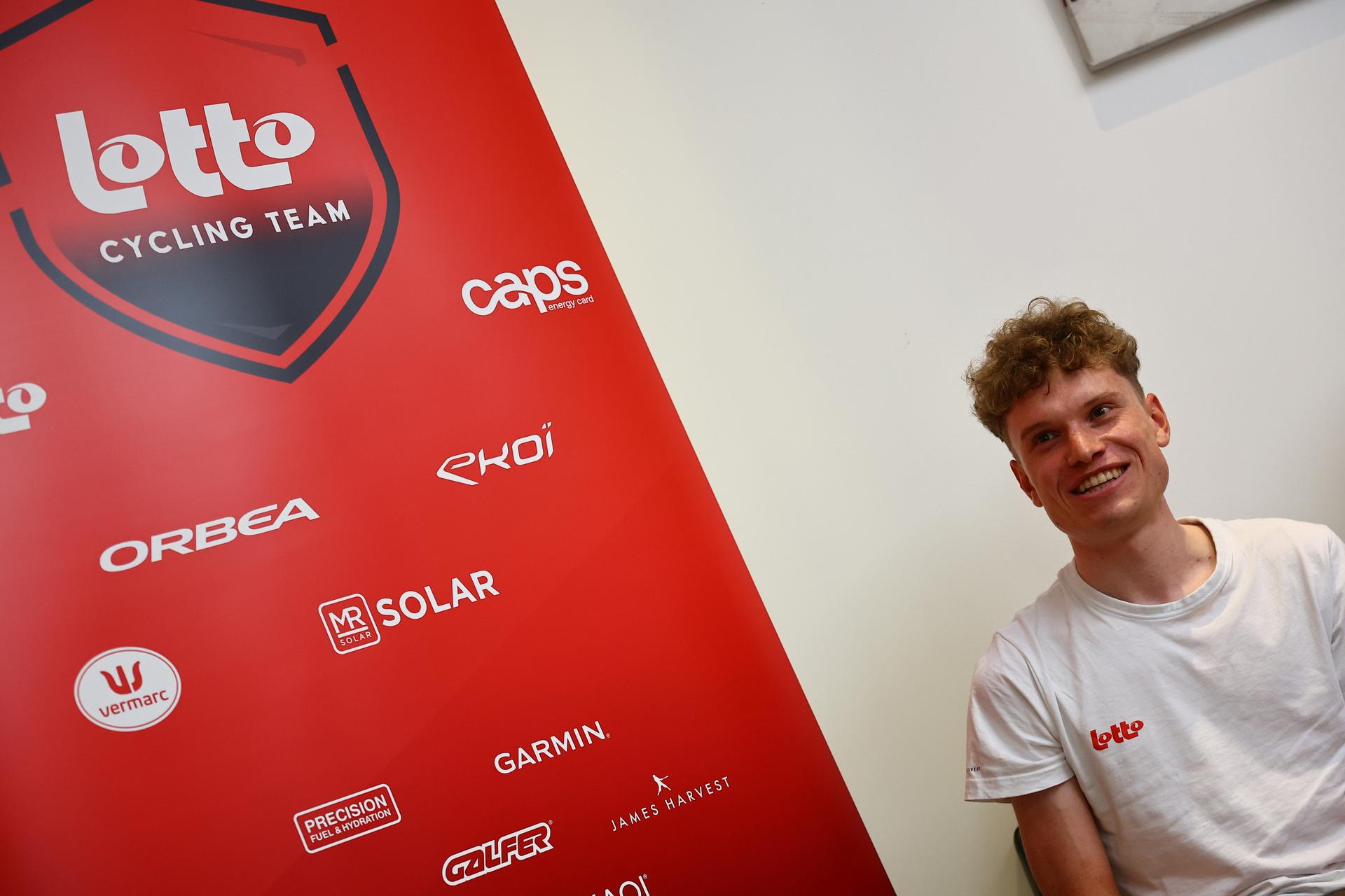 Belgian Lennert Van Eetvelt of Lotto Cycling Team and pictured during a press conference ahead of the 2025 Tour de France cycling race, Wednesday 02 July 2025, in Englos, France. The 112th edition of the Tour de France starts on Saturday 5 July in Lille, France, and will finish in Paris, France on the 27th of July. BELGA PHOTO DAVID PINTENS
