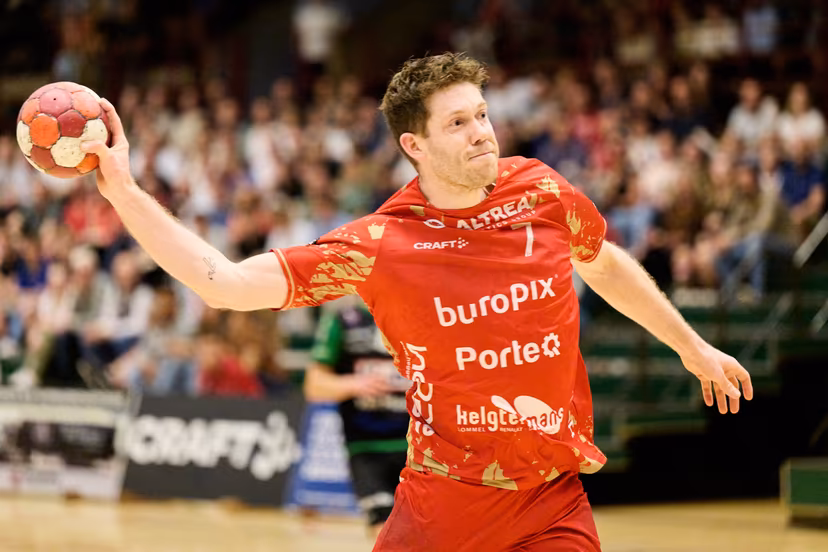 ATTENTION EDITORS - HAND OUT PICTURES - EDITORIAL USE WITH STORY ON HANDBALL ONLY - MANDATORY CREDIT ALAIN DECAMPS Pelt's Tommie Falke pictured in action during the handball match between Sporting Pelt and Hubo Handball, a game in the Belgian first league handball competition, on Wednesday 01 May 2024. BELGA PHOTO ALAIN DECAMPS