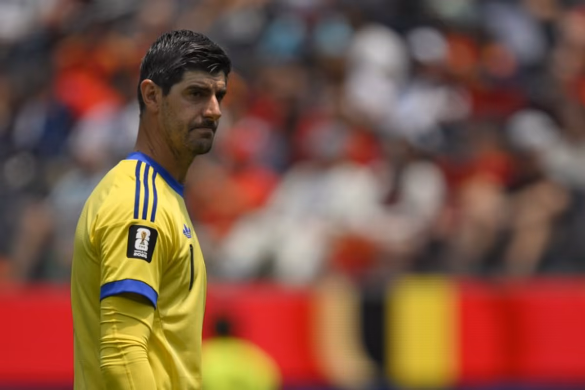 Belgium's goalkeeper #01 Thibaut Courtois reacts during the 2026 World Cup football tournament quarter-final match between Spain and Belgium at the Los Angeles Stadium in Inglewood on July 10, 2026. Patrick T. Fallon / AFP