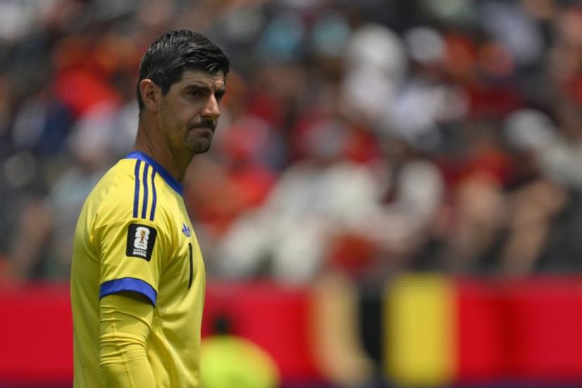 Belgium's goalkeeper #01 Thibaut Courtois reacts during the 2026 World Cup football tournament quarter-final match between Spain and Belgium at the Los Angeles Stadium in Inglewood on July 10, 2026. Patrick T. Fallon / AFP