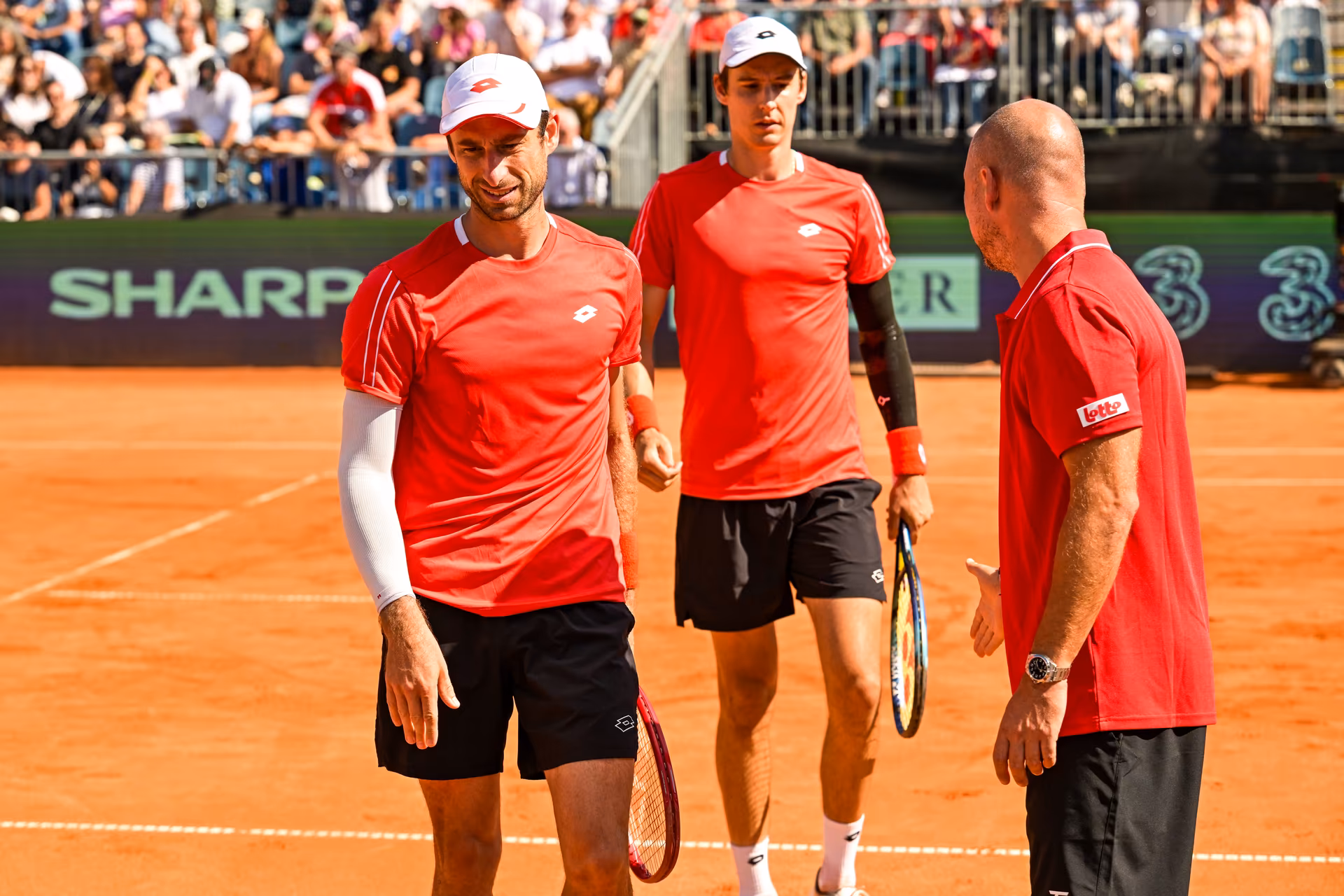Belgian Joran Vliegen; Belgian Sander Gille and Belgian captain Steve Darcis are pictured during a tennis match between Austrian pair Miedler/Oberleitner and Belgian pair Gille/ Vliegen, the third rubber in the tie between Austria and Belgium, qualifiers for the Davis Cup tournament, on Saturday 19 September 2026 in Vienna, Austria. BELGA PHOTO DAVID PINTENS