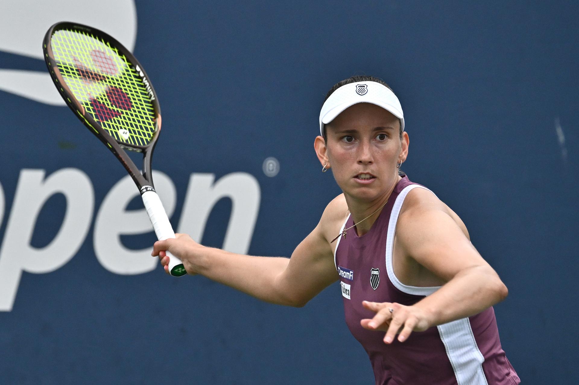 Elise Mertens of Belgium plays against Kaitlin Quevedo of Spain during the Women's singles Round 1 of the 2026 US Open Tennis Championship, USTA Billie Jean King National Tennis Center in Flushing Meadow-Corona Park, in the Queens borough of New York, NY, September 1, 2026. (Photo by Anthony Behar/Sipa USA) BELGA PHOTO BENELUX ONLY