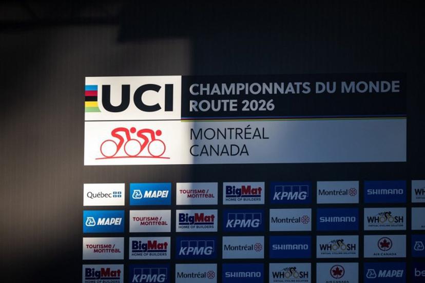 The UCI World Championship logo is displayed during the opening ceremony of the UCI World Cycling Championship in Montreal, Quebec, Canada, on September 19, 2026. ANDREJ IVANOV / AFP