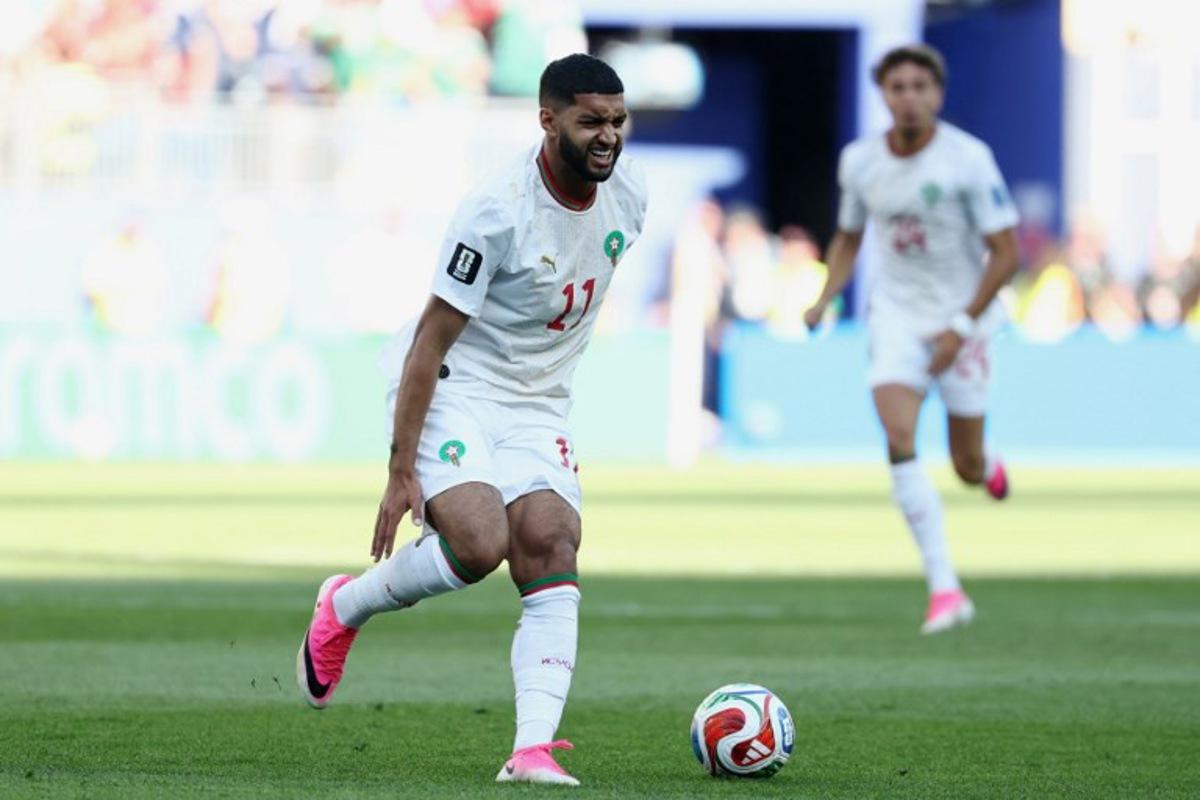 Morocco's midfielder #11 Ismael Saibari reacts as he controls the ball during the 2026 World Cup Group C football match between Scotland and Morocco at the Boston Stadium in Foxborough on June 19, 2026. FRANCK FIFE / AFP