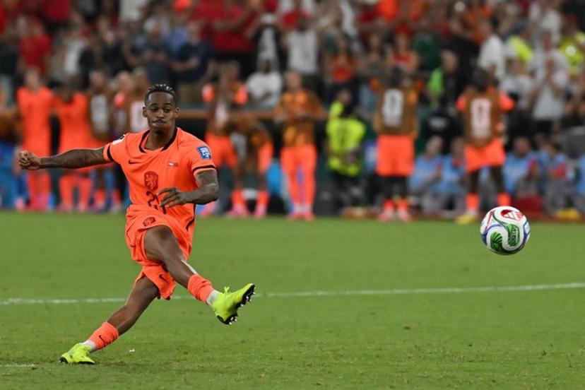Netherlands' forward #24 Crysencio Summerville shoots and misses his penalty in the shootout during the 2026 World Cup round of 32 football match between the Netherlands and Morocco at the Monterrey Stadium in Guadalupe on June 29, 2026. CARL DE SOUZA / AFP