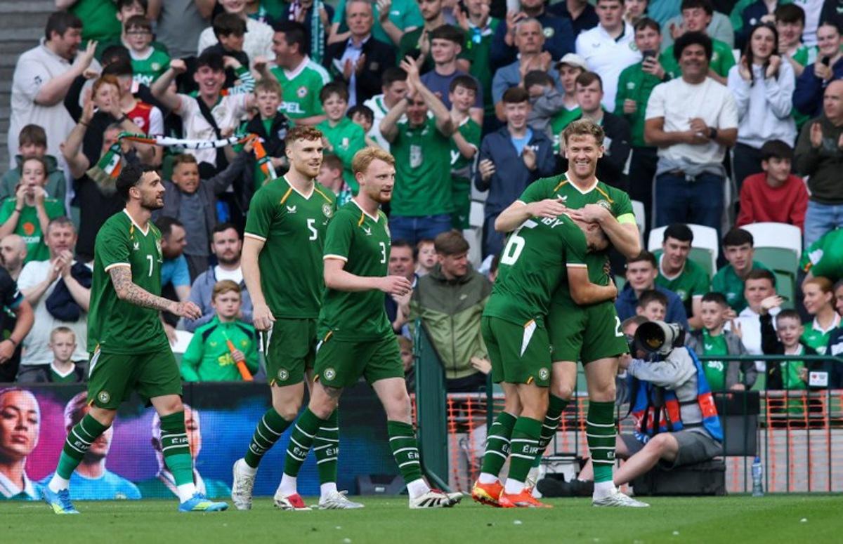 epublic of Ireland's defender Nathan Collins (R) celebrates scoring the team's first goal during the international friendly football match between the Republic of Ireland and Qatar, at the Aviva Stadium in Dublin, Ireland on May 28, 2026. Paul Faith / AFP