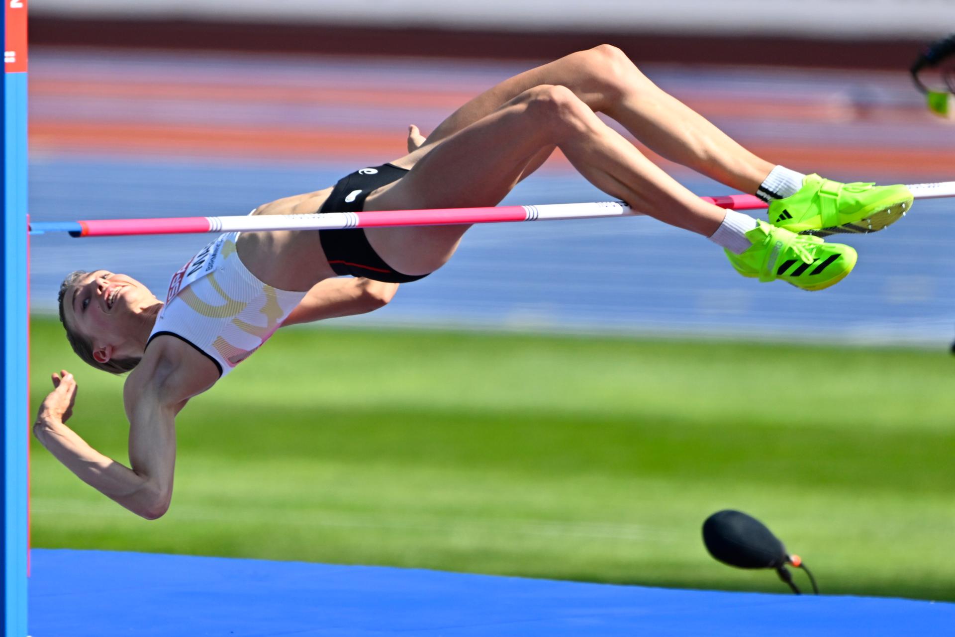 Belgian Merel Maes pictured during the women High Jump qualification, on the fourth day of the European Athletics Championships (August 10-18) in Birmingham, United Kingdom, on Thursday 13 August 2026. BELGA PHOTO ERIC LALMAND