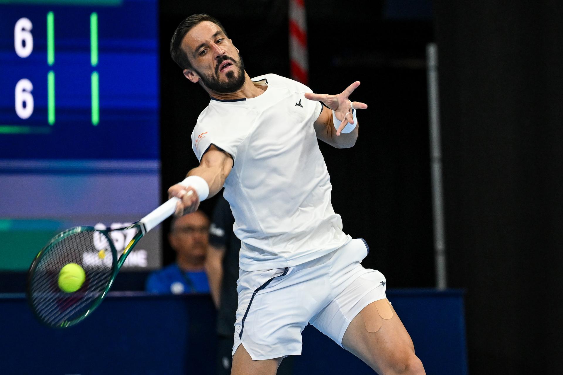 Damir Dzumhur of Bosnia and Herzegovina pictured in action during the European Open ATP tennis tournament in Brussels, on 21 October. This year's edition of the tournament is taking place from 17 to 25 October BELGA PHOTO DAVID PINTENS