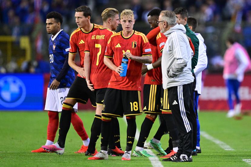 Belgium's Hans Vanaken and Belgium's Kevin De Bruyne pictured during a soccer game between Belgian national team Red Devils and France, on Monday 28 September 2026 in Brussels, the second game of the UEFA Nations League group stage. BELGA PHOTO DIRK WAEM
