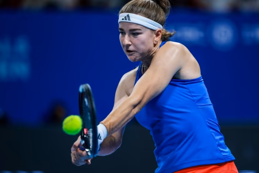 Czech Republic's Karolina Muchova hits a return to Spain's Jessica Bouzas Maneiro during their women's singles semi-final match at the Billie Jean King Cup tennis tournament in Shenzhen, in China's southern Guangdong province on September 25, 2026. CN-STR / AFP