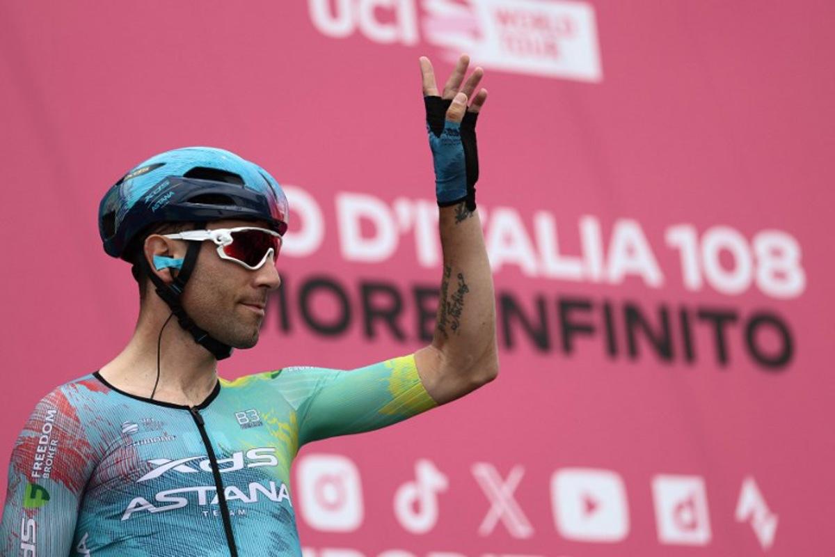 XDS Astana Team's Italian rider Diego Ulissi waves hand during the presentation prior to the first stage of the 108th Giro d'Italia cycling race, 160km from Durres to Tirana in Albania, on May 9, 2025. Luca Bettini / AFP