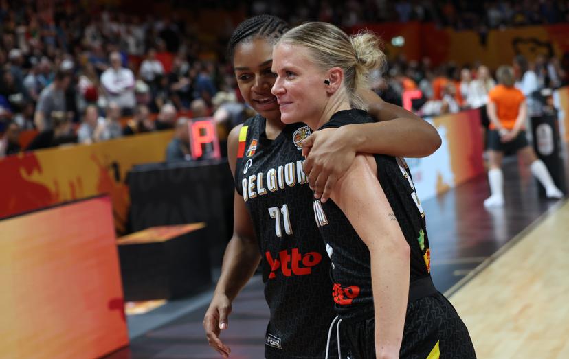 Belgium's Alicia Courthiau and Belgium's Julie Vanloo pictured after a game between Belgian national basketball team Belgian Cats and Puerto Rico, game 2 of the group phase at the FIBA Women's Basketball World Cup, on Sunday 6 September 2026, in Berlin, Germany. The FIBA Women's Basketball World Cup takes place in Berlin from 4 to 23 September 2026. BELGA PHOTO VIRGINIE LEFOUR