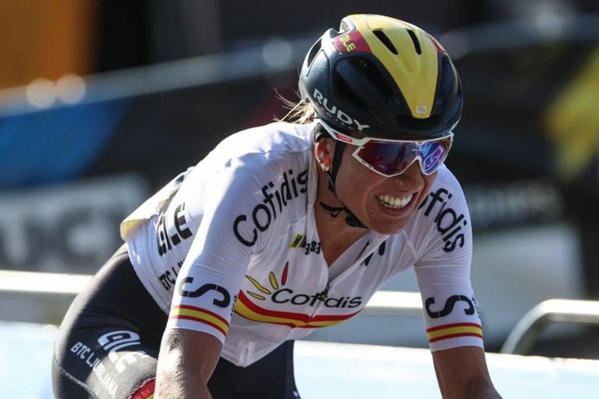 Spain's Margarita Victoria Garcia Canellas competes in the lead during the women's elite cycling road race, 157,7km from Antwerp to Leuven, on the seventh day of the Flanders 2021 UCI Road World Championships, on September 25, 2021, in Leuven. KENZO TRIBOUILLARD / AFP