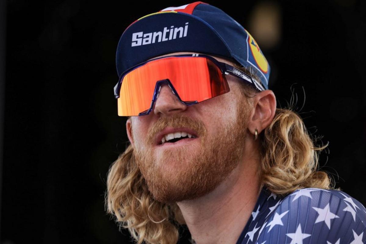Lidl - Trek's US rider Quinn Simmons looks on from the start podium before the start of the 5th stage of the 110th edition of the Tour de France cycling race, 163 km between Pau and Laruns, in Southwestern France, on July 5, 2023. Thomas SAMSON / AFP