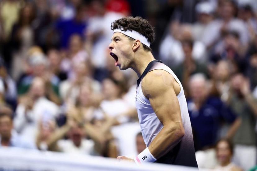 USA's Ben Shelton celebrates after victory during the men's singles round of 16 tennis match against Greece's Stefanos Tsitsipas on day eight of the US Open tennis tournament at the USTA Billie Jean King National Tennis Center in New York City on September 6, 2026. CHARLY TRIBALLEAU / AFP