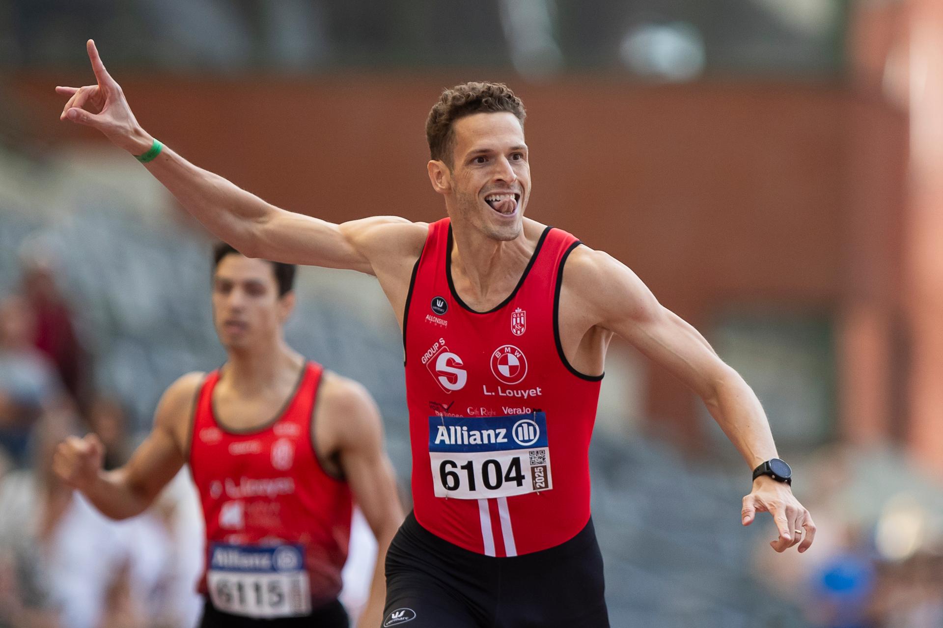 Belgian Dylan Borlee celebrates after winning the men's 400m race, at the Belgian athletics championships, Sunday 03 August 2025 in Brussels. The Belgian championships take place from 2-3 August, 2025. BELGA PHOTO KRISTOF VAN ACCOM