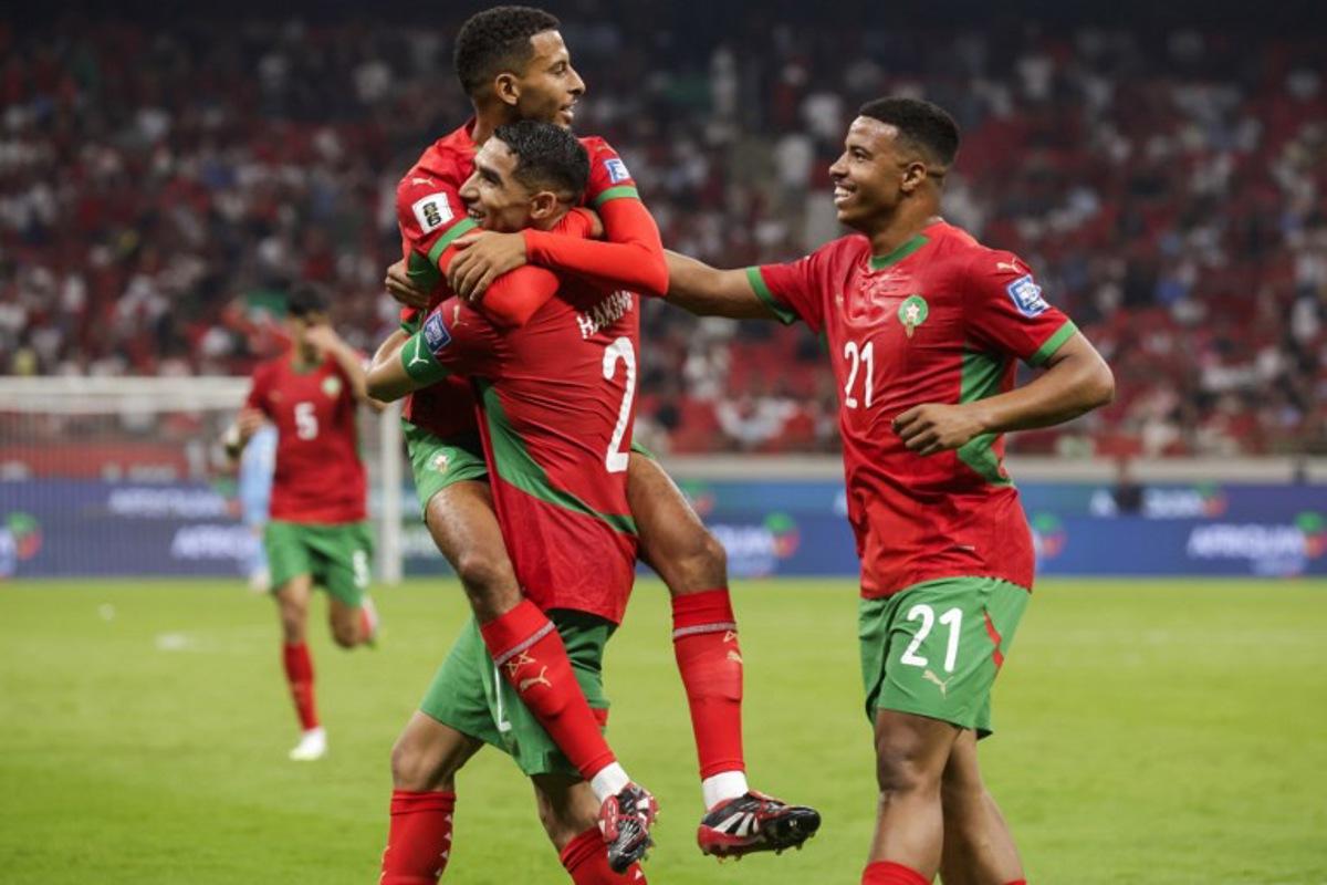 Morocco's midfielder Azzedine Ounahi celebrates scoring with teammates during the FIFA World Cup 2026 Group E African qualification football match between Morocco and Niger at the Prince Moulay Abdellah Sports Complex in Rabat on September 5, 2025. Abdel Majid BZIOUAT / AFP