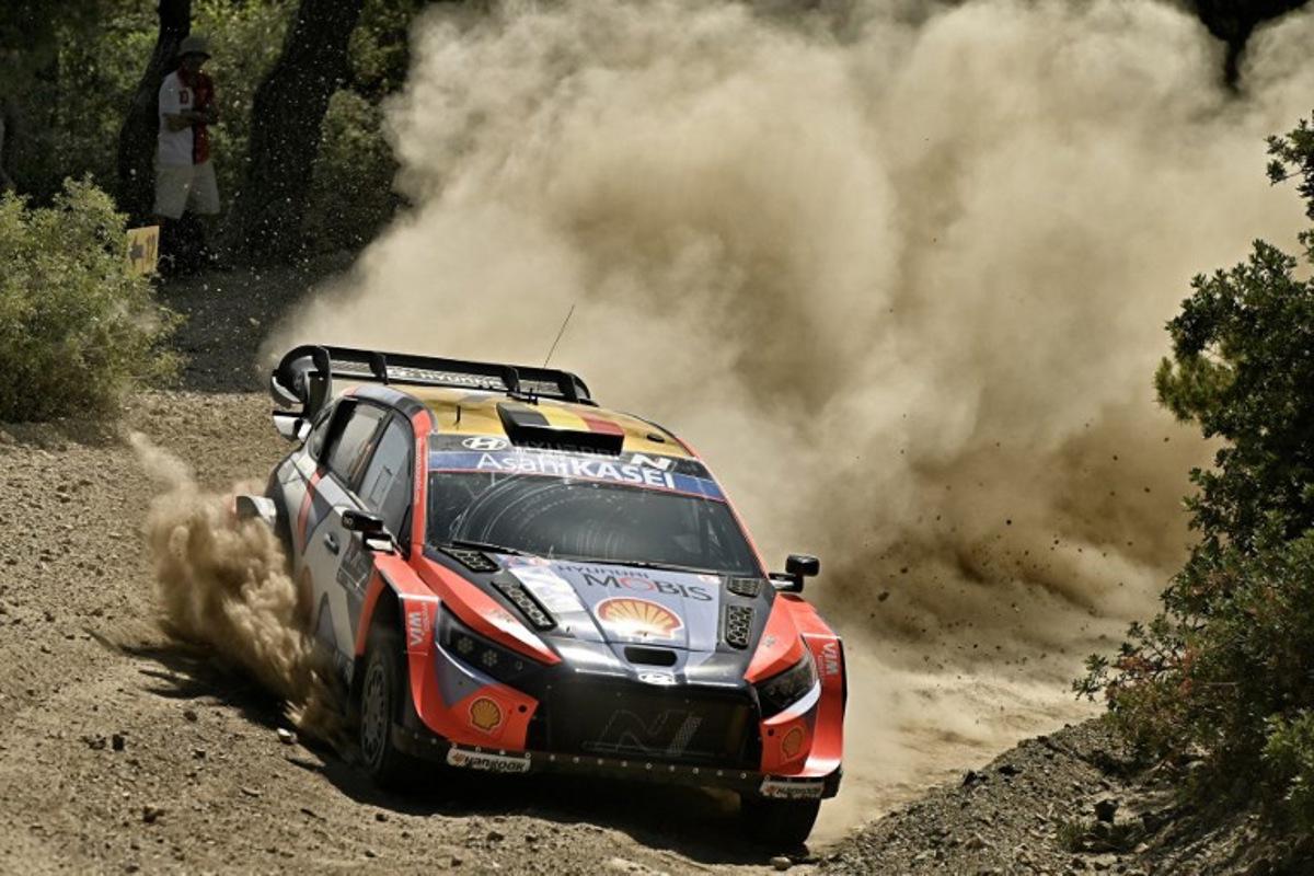 Belgium's Thierry Neuville and his co-driver Martijn Wydaeghe drive their Hyundai i20 N Rally1 at the special stage Agioi Theodoroi during the Acropolis Rally in Agioi Theodoroi on June 27, 2025. Valerie GACHE / AFP
