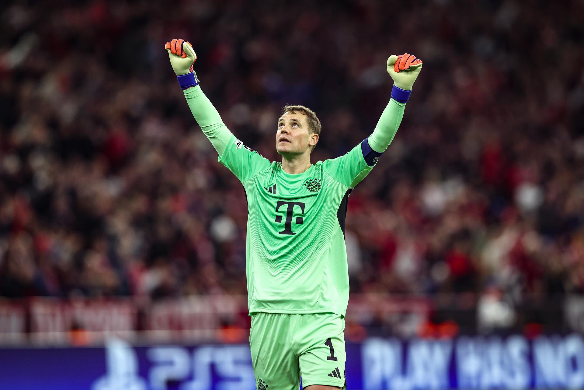 Bayern's goalkeeper Manuel Neuer celebrates during a game between German club FC Bayern Munchen and Belgian soccer team Club Brugge, on Wednesday 22 October 2025 in Munich, Germany, on day three of the League phase of the UEFA Champions League tournament. BELGA PHOTO BRUNO FAHY