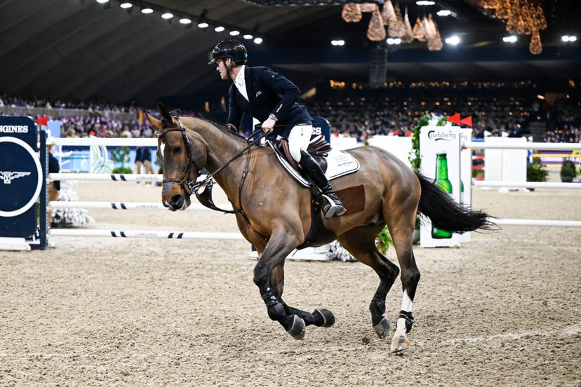 Belgian rider Niels Bruynseels with Origi vd Vosberg pictured in action during the FEI World Cup Jumping competition at the 'Vlaanderens Kerstjumping - Memorial Eric Wauters' equestrian event in Mechelen on Monday 30 December 2024. BELGA PHOTO TOM GOYVAERTS