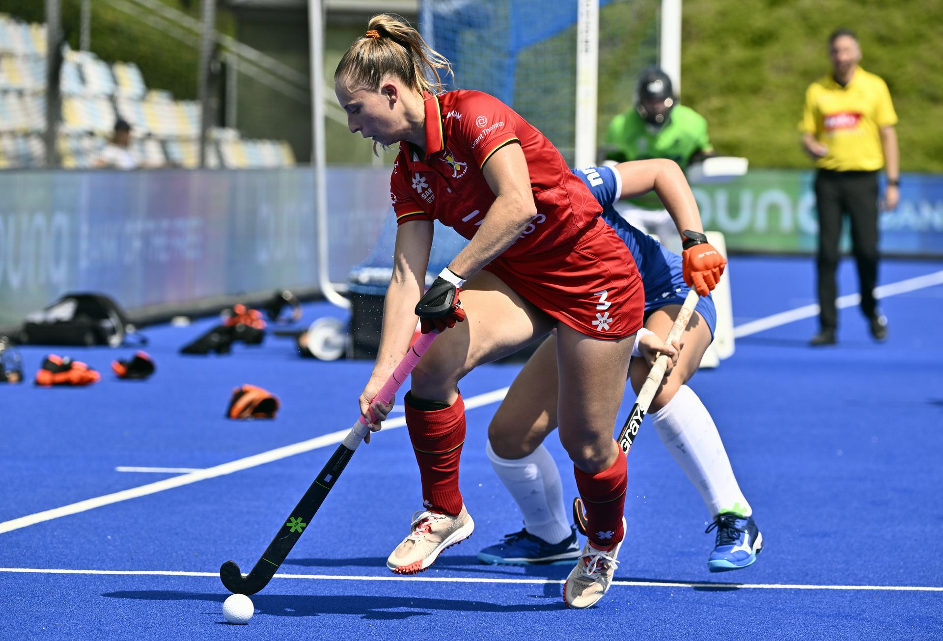 Belgium's Justine Rasir pictured in action during a hockey game between Scotland and the Belgian national team Red Panthers, match 3/3 in the pool stage of the 2025 women's European championships, Wednesday 13 August 2025 in Monchengladbach, Germany. BELGA PHOTO ERIC LALMAND