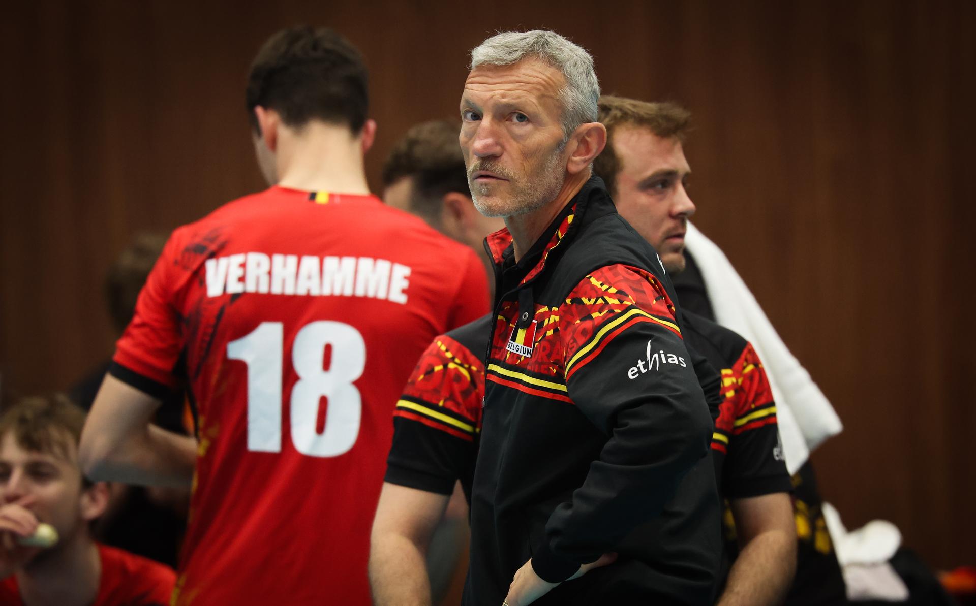 Belgium's head coach Emamuele Zanini pictured during a volleyball match between Belgium's national men's volleyball team, the Red Dragons, and the Azeri national men's volleyball team, in match 3/6 of the League Round of the European Golden League men, in Beveren, Friday 24 May 2024. BELGA PHOTO VIRGINIE LEFOUR